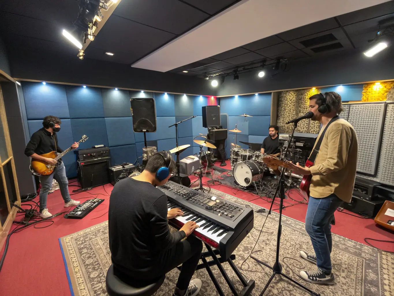 Two musicians collaborating on a project at WOOD FACTORY, exchanging ideas and techniques. One musician is showing the other a new way to use a synthesizer, demonstrating the skill-sharing aspect of the organization.