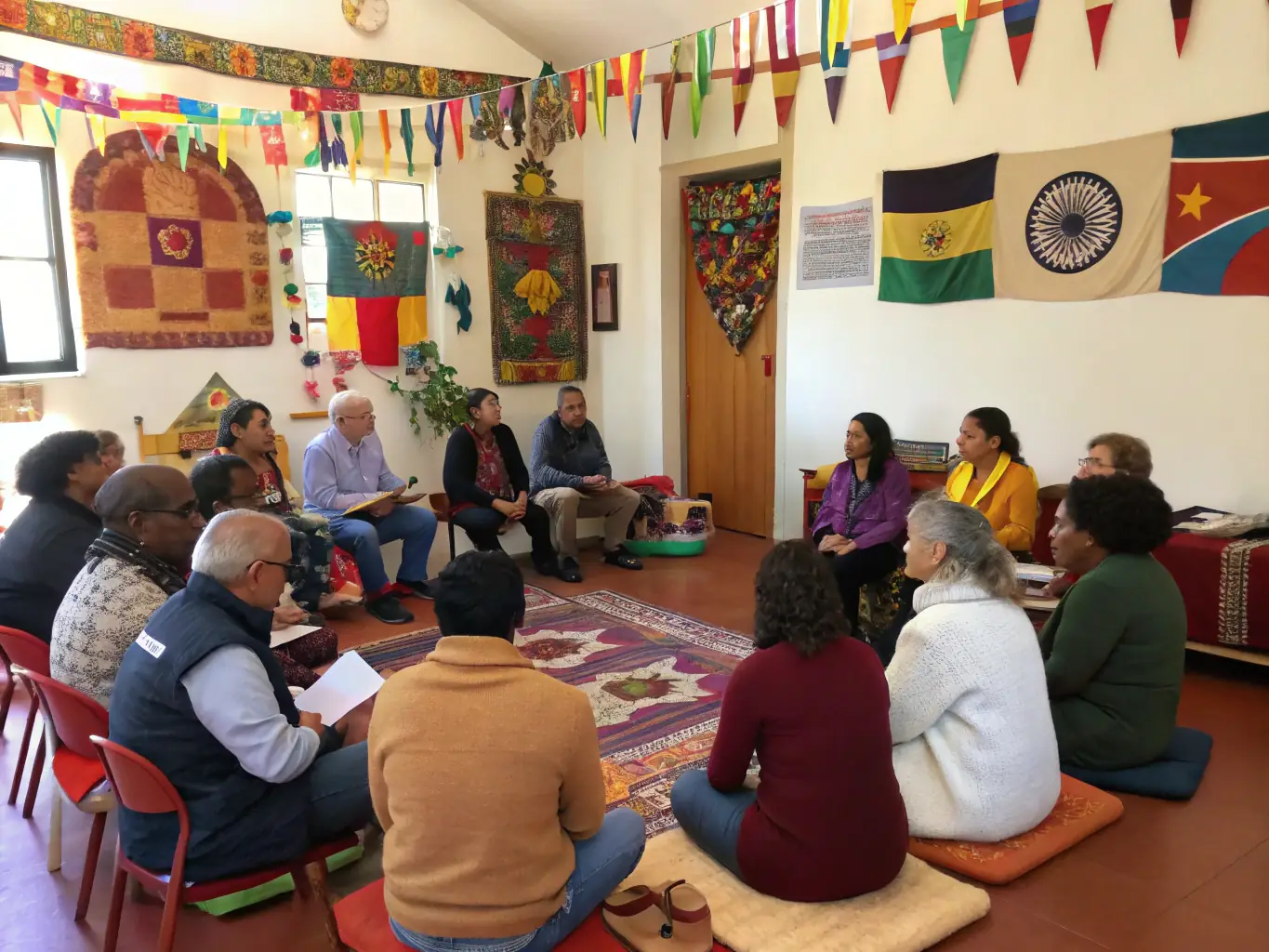 A group of artists from different cultural backgrounds engaged in a cultural dialogue session at WOOD FACTORY. They are sharing their unique perspectives and experiences, fostering mutual understanding and appreciation.