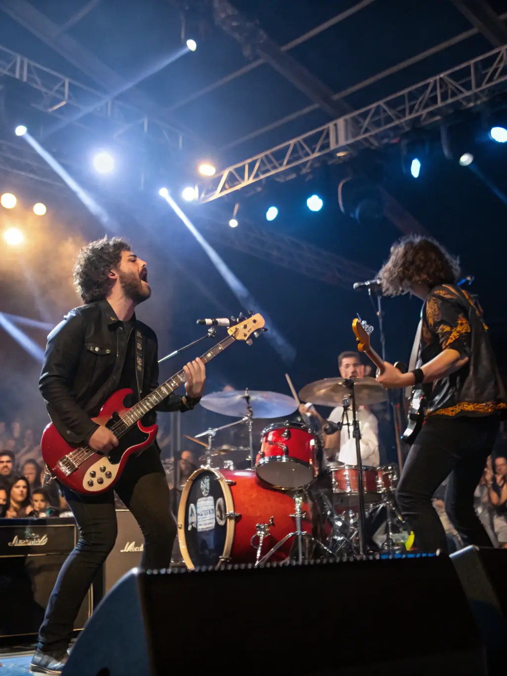 A dynamic image capturing a live performance at a WOOD FACTORY event, featuring musicians on stage with colorful lighting and an engaged audience.