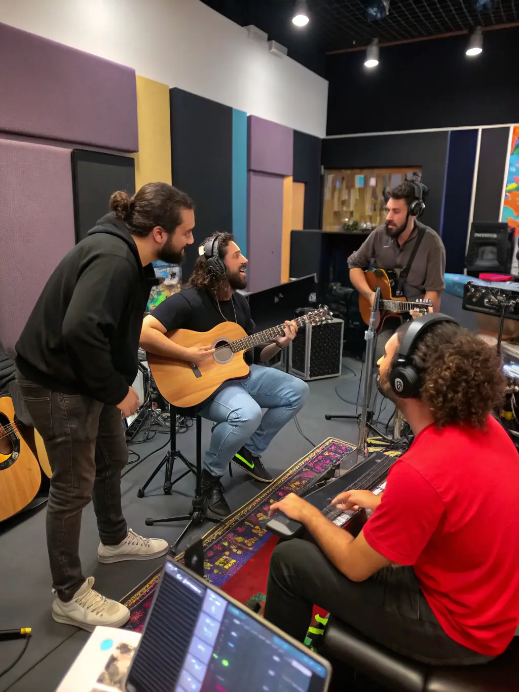 A photo of a collaborative music project, showing artists from different cultural backgrounds working together in a studio setting, surrounded by instruments and recording equipment.