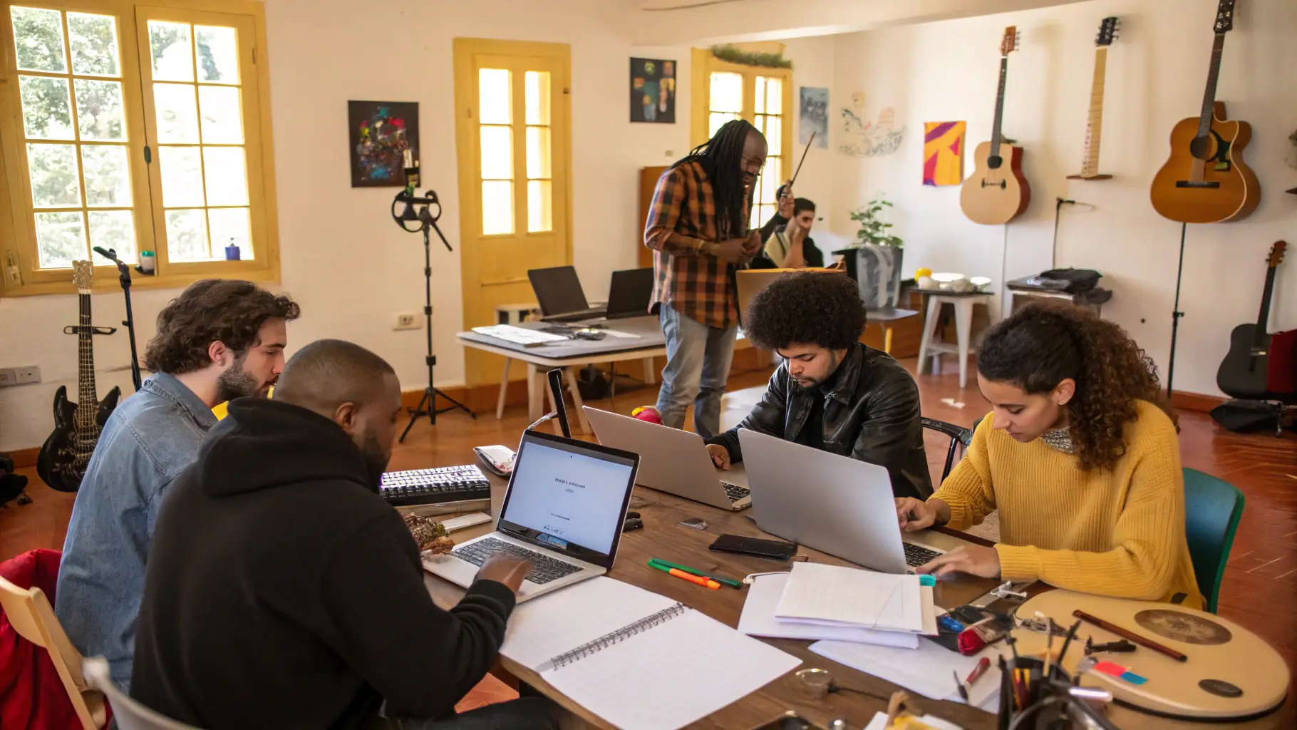 A group of diverse artists collaborating on a music project in a vibrant workshop setting.