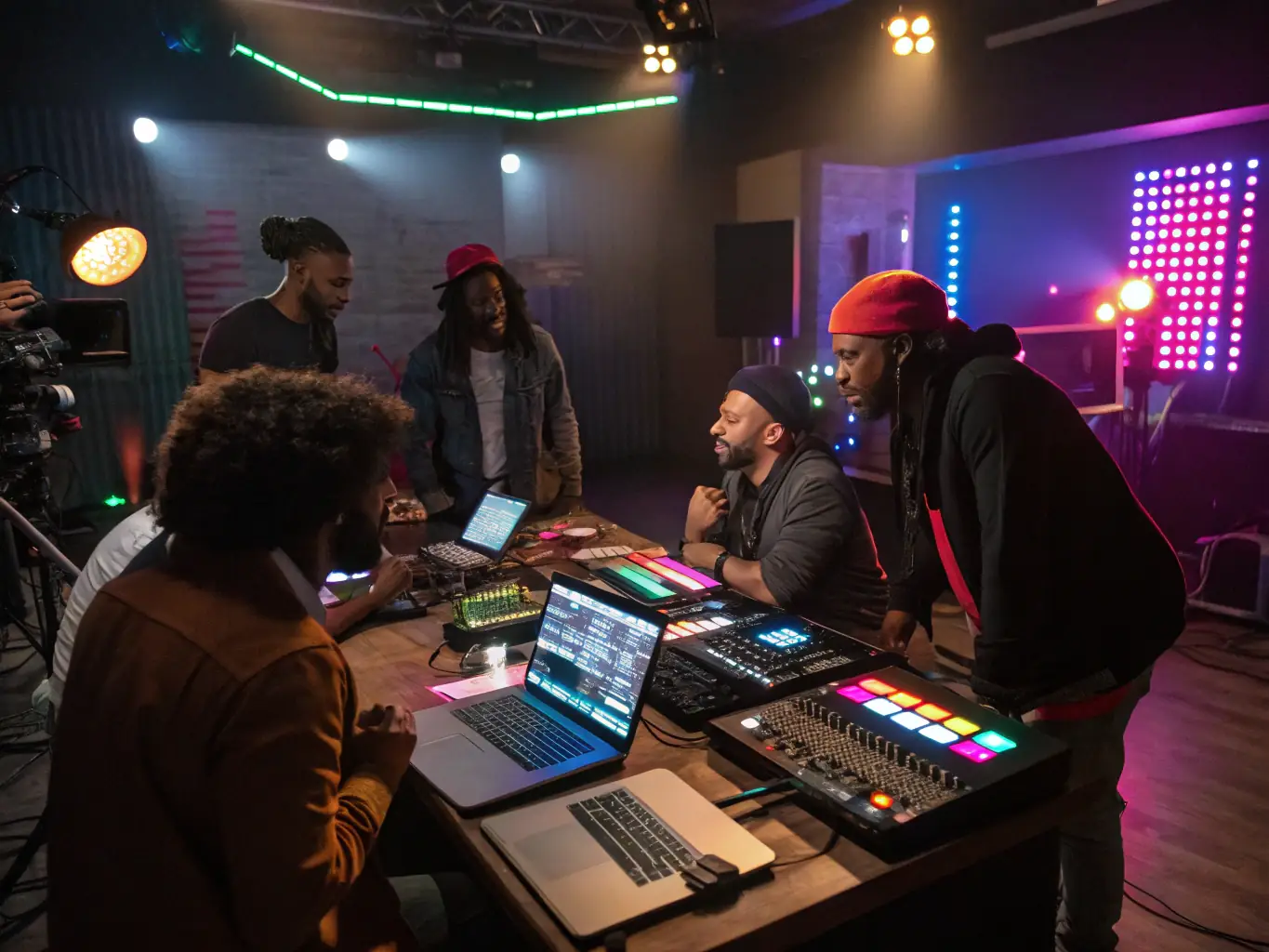 A diverse group of artists participating in a collaborative workshop at WOOD FACTORY, focused on learning new techniques in amplified music. The atmosphere is lively and engaging, with artists actively sharing their knowledge and skills.