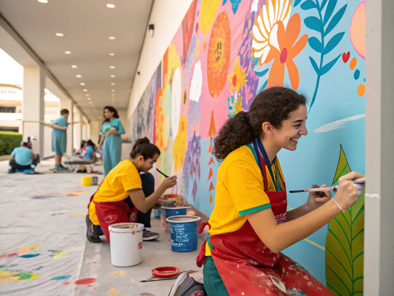 A vibrant workshop scene at WOOD FACTORY, featuring artists collaborating on a large-scale mural, showcasing the organization's commitment to creative development and community engagement.