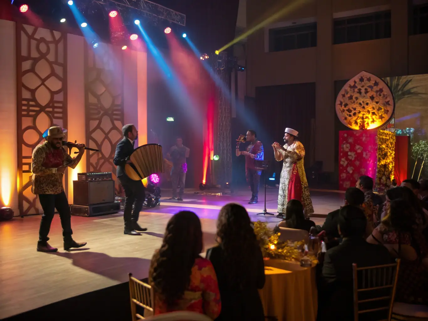 A dynamic performance at WOOD FACTORY, with musicians and dancers captivating the audience, highlighting the organization's role in enhancing access to live arts and cultural experiences.